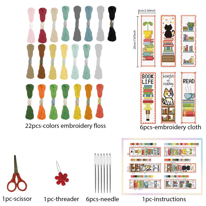 FREEBLOSS 6 Set Cross Stitch Bookmark Kit Cross Stitch Kit Cute Stamped Embroidery Bookmark with Instruction Cross Stitch Kits for Adults DIY Bookmark Kit 8 ' 'x2.4 ' ' - Image 2